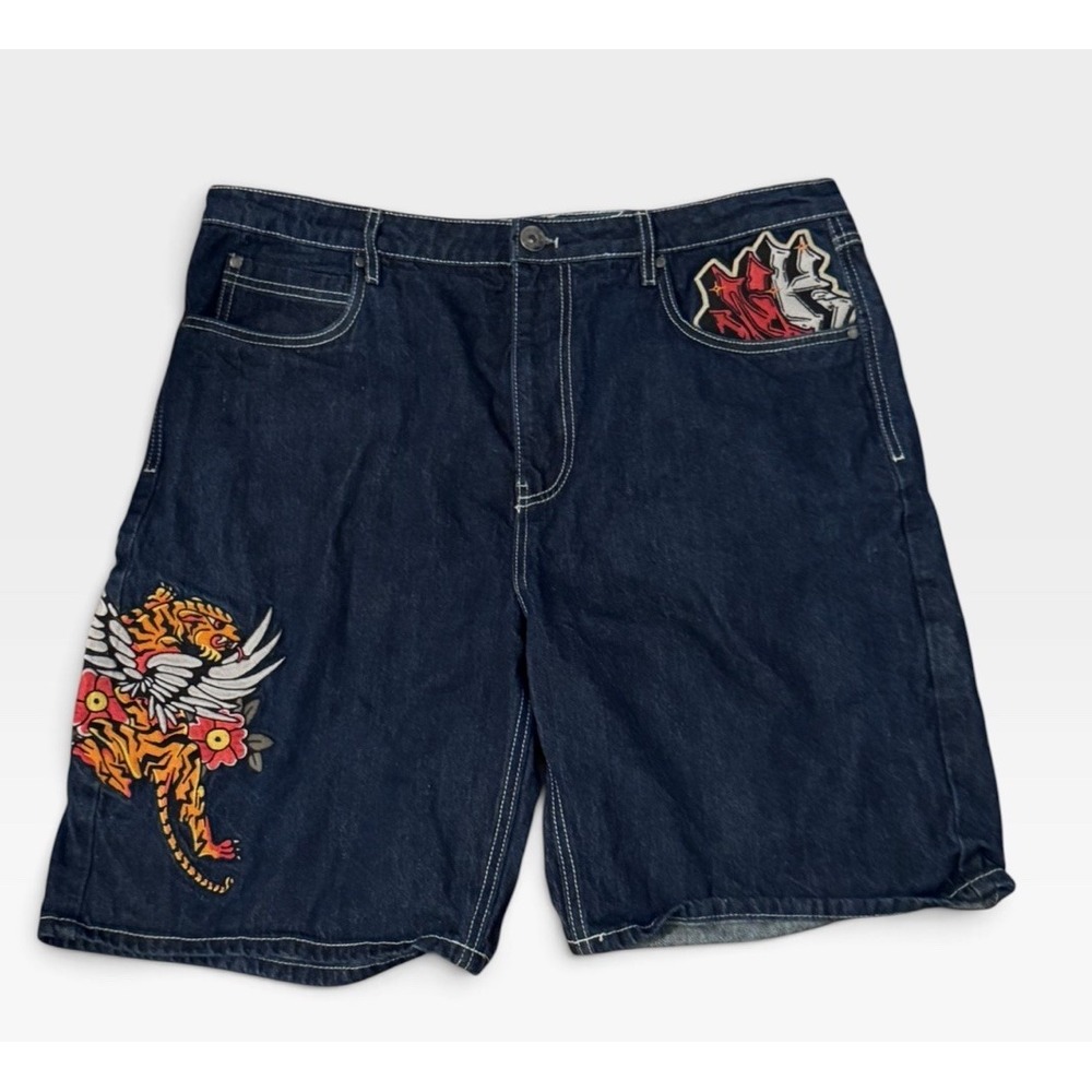 Ninth Hall Waylay 38 Mens Denim Shorts Embroidered Tiger Tattoo Baggy